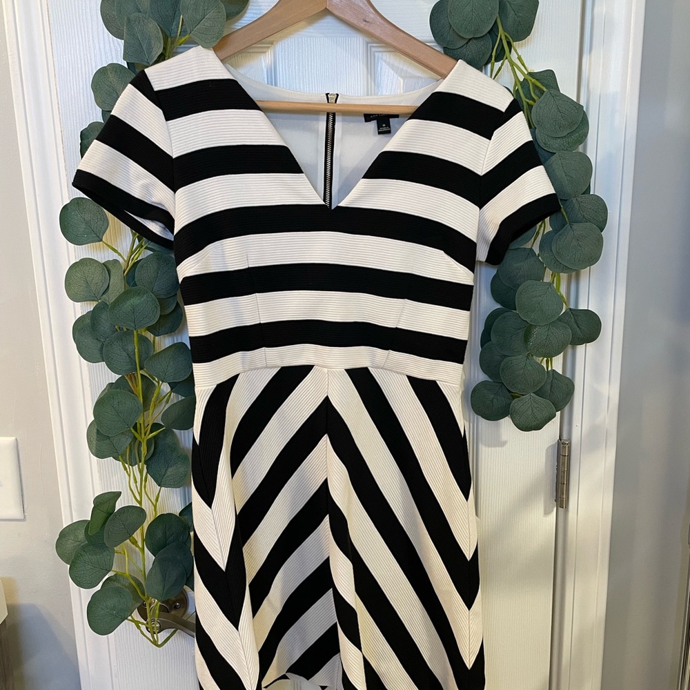 Ann Taylor Black and White Striped V neck dress